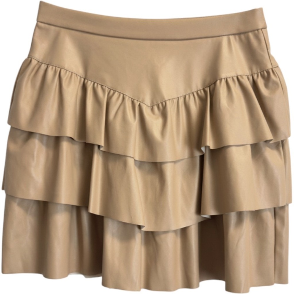 Vestique Tan Faux Leather Tiered Ruffle Mini Skirt Beige Size Large